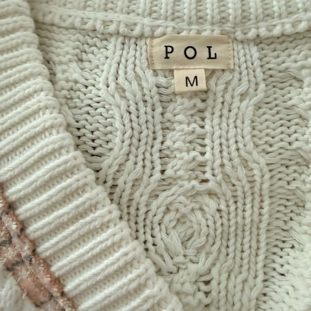 POL Boho Knit Sweater Cardigan Cream Blush Plaid V-Neck Oversized Medium NWOT - Picture 7 of 7